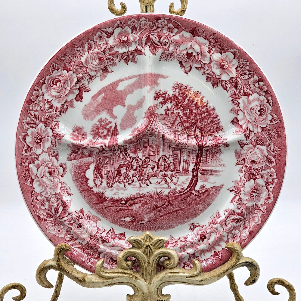 Vintage Shenango Roselyn Castle Grill Plate Red Transferware 3 Section 10.25"